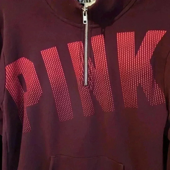 PINK Sweatshirt Women’s Medium Maroon Spellout 1/4 Zip Kangaroo Pouch - Picture 3 of 9